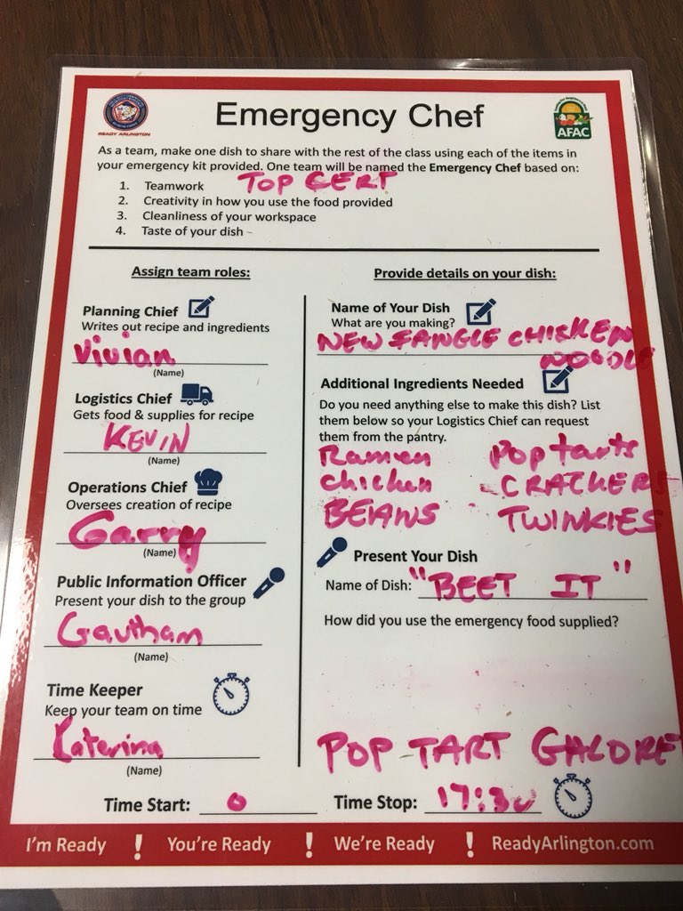 PGCountyOHS's tweet photo. Look what Team 1: Top CERT made for Emergency Chef at #CERTCON2018.
Yes that is a ramen bean beet salad using 2 of the 4 mandatory ingredients.
Would you eat this?
#Foodie #cheflife https://t.co/PPaHzkr2VI