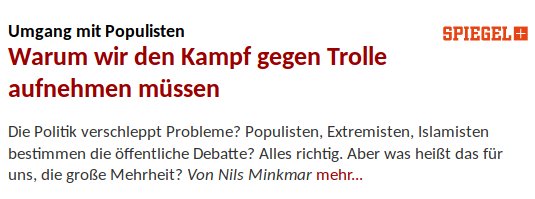 propagandaschau's tweet photo. Bezahlter #SPIEGEL-Troll erklärt sich "zur großen Mehrheit", die den Kampf gegen "#Populisten" aufnehmen muss...🤣 https://t.co/Oag37gmBsH