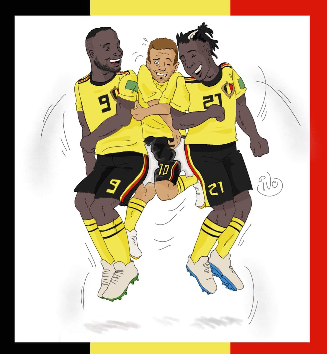 CreativeWingsBE's tweet photo. The scoring trio at the Red Devils @Belgianfootball @hazardeden10 @RomeluLukaku9 @mbatshuayi! #WK2018 #BELTUN #cartoonart #cartoons https://t.co/9o5MVyBbes