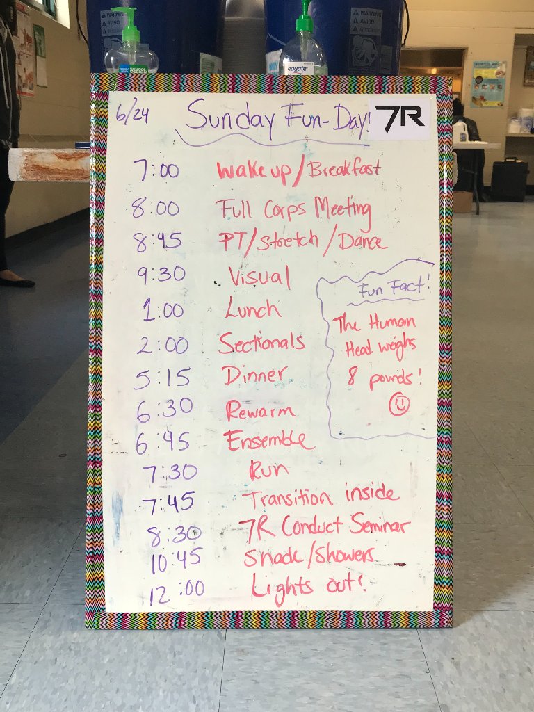 7thregiment's tweet photo. Happy Sunday, and day 2!! Here's what today is looking like for us. Got any fun facts for our whiteboard?
#InaDifferentLight #7R2018 #RAO #dci2018 #funfactsarefun https://t.co/yYNVixqsw4