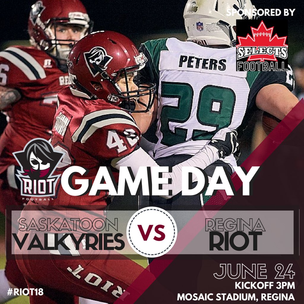 ReginaRiot's tweet photo. It's Regina Riot Game Day!
Kickoff: 3PM
Location: Mosaic Stadium
Tickets are $15 at the door (12 and under are free!)
Can't make it to the game? Follow along on Twitter - we will be live tweeting!
#WWCFLfinal #Riot18 #DefendingTheCup #LikeARiot #WWCFL #WomensTackleFootball #YQR https://t.co/9l4pcC6BUg