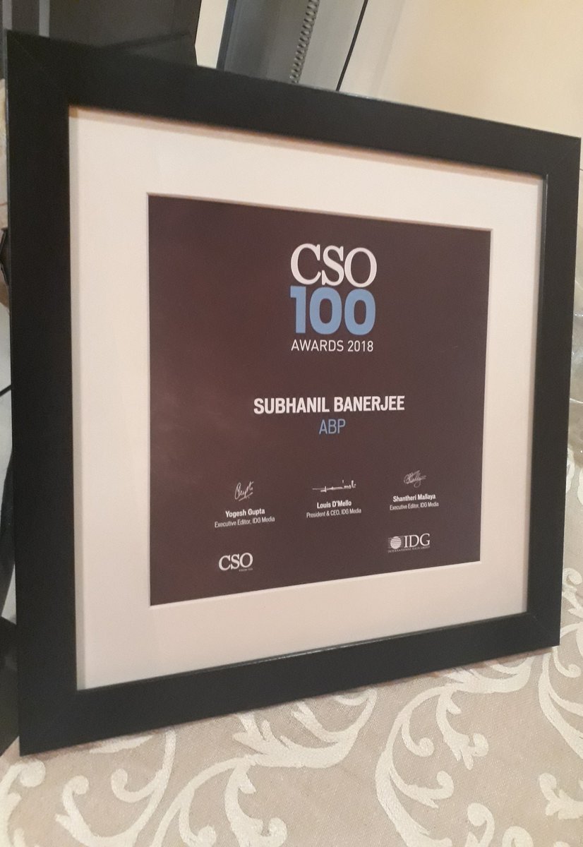 Subhanil_ABP's tweet photo. Honored to receive the #CSO100 awards 2018, presented by IDG (International Data Group) and CSO Online, recognizing the top Information Security Leaders across India.

It was an honor to represent #ABP during the event ceremony held at Vivanta by TAj. https://t.co/Ufcbn28Ojx