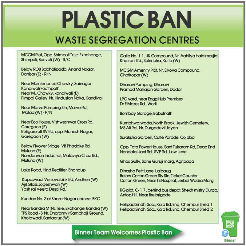 MCGM Collection Centers for Banned Plastic Collection in Mumbai
Citizens are appealed to dispose off all the banned #singleuseplastic to help Mumbai #BeatPlasticPollution #PlasticPollution #Plastic #vcan4mumbai #plasticrestriction
Binner Team Supports #PlasticBan #BeABinner