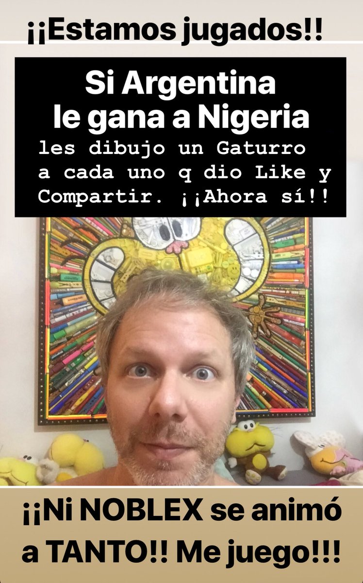 Cuántos, cuántos, cuántos mensajes y pedidos!! Q lindo!! Qué hermosa muestra de apoyo colectivo a la Selección!!! Qué Argentina pase, así me tenga q quedar dibujando todo el 2018!! Vamos q se puede!! Te quiero mucho, seguí pidiendo dibujos, y vamos Argentina!!! Vamos a ganar!!!!
