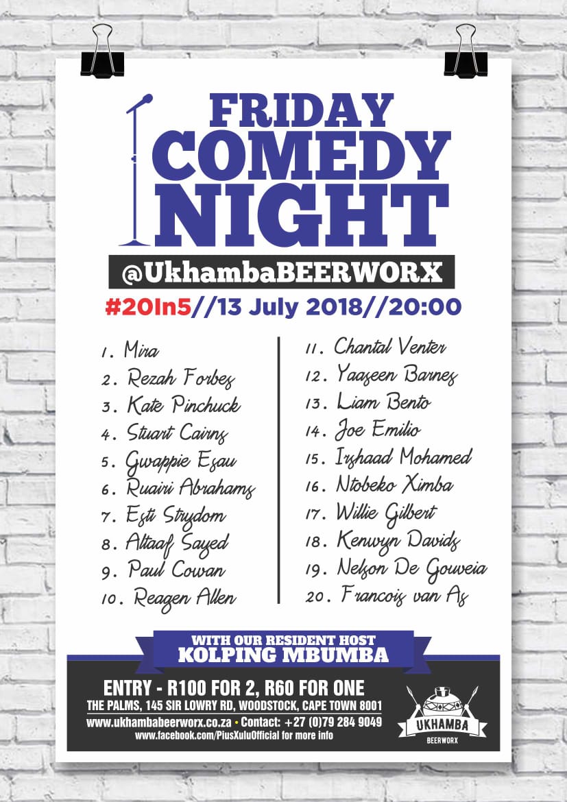 PiusXulu's tweet photo. I can't wait for this #20In5 on #FridayThe13th at @UkhambaBComedy do come through and have some @UkhambaBeerworx #craftbeer
#standupcomedy #sacomedy #comedyfriday #lol #comedy @SAComedyShares @city_mother @NoJokesComedy @gigbook_za @itsGigGuideSA @CPTatNight @48hrsincapetown https://t.co/WPAAKFte8Q