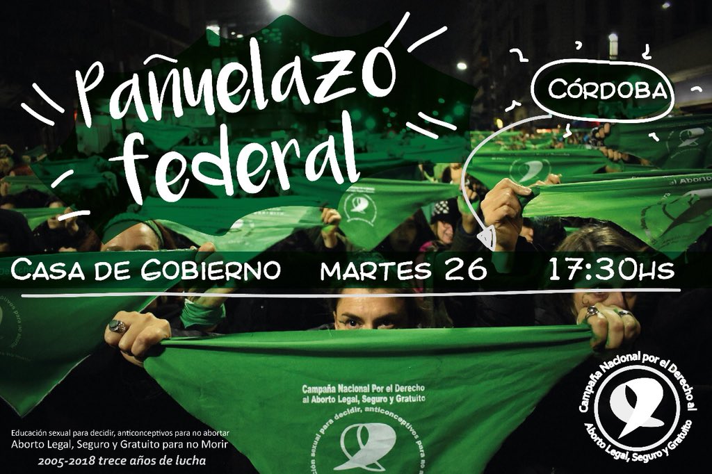 📢 En Córdoba!
💚 26 de junio, 17:30 hs.
🔥 Pañuelazo frente a Casa de Gobierno