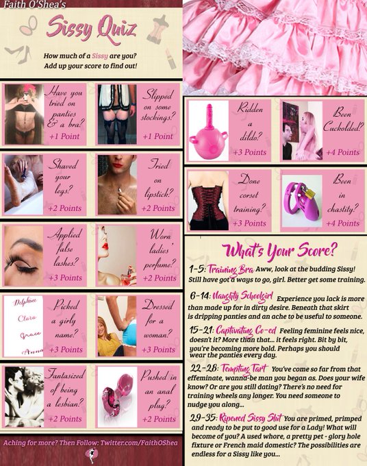 How much a SISSY are you? Take the test and find out!  Then we can discuss the findings https://t.co/ZEGaiFOTLa  #Sissy<a href="/tag/tranny"class="tags"><span>#tranny</span></a><a href="/tag/femdom"class="tags"><span>#femdom</span></a><a href="/tag/transgender"class="tags"><span>#transgender</span></a><a href="/tag/bbc"class="tags"><span>#bbc</span></a><a href="/tag/sissy"class="tags"><span>#sissy</span></a><a href="/tag/sissification"class="tags"><span>#sissification</span></a>