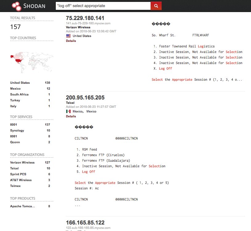 Shodan dork of the day:
157 railroad controllers' CLI recklessly connected to the internet.
Majority within the US 🇺🇸.
Extra 'feature': some have the AirLink AT Command Interface on port 23