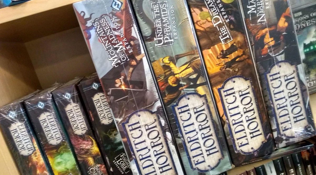 FFGames's tweet photo. Show us your #shelfie! We can’t hide our #EldrichHorror love this month. Have you conquered the Masks of Nyarlathotep expansion yet? 

#boardgames #tabletopgames #gamenight https://t.co/UA2yxaks95