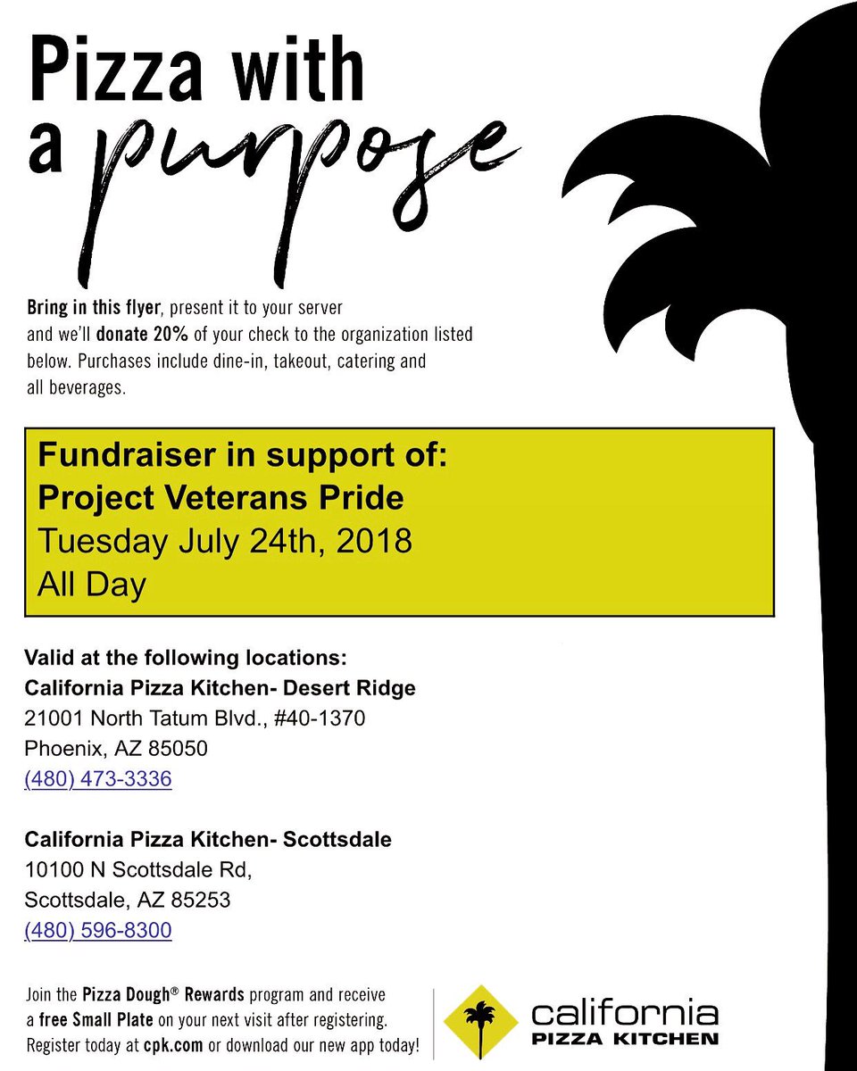 PVP_JWHome's tweet photo. CPK - Pizza With A Purpose! 🍕

Bring in this flyer ANY time on July 24th and @calpizzakitchen will donate 20% to PVP - including take out! https://t.co/ufBwCyzABG