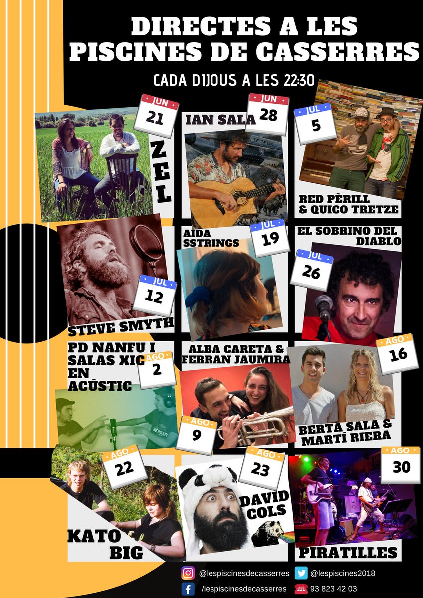 Ens fa molta il·lusió presentar-vos la colla d’artistes amics que passaran per aquí cada dijous (i dimecres de Festa Major!). També ens farà molta il·lusió  que compartiu aquest cartell perquè arribi a tothom que li interessi la música en directe i els soparets a la fresca 😁