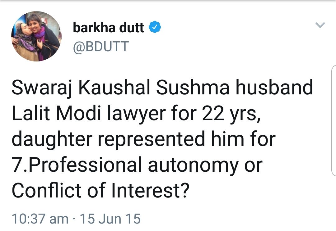 permanentindian's tweet image. @SushmaSwaraj mam, dont forget that the solace shown by @BDUTT is the hypocrisy of highest order. See how she was hounding you in #LalitGate 👇
Ritu: RT pls