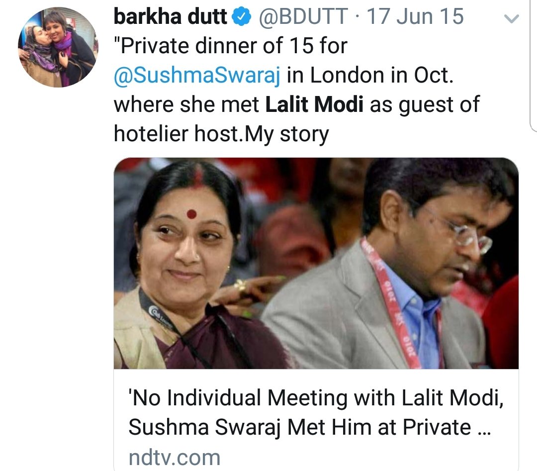 permanentindian's tweet image. @SushmaSwaraj mam, dont forget that the solace shown by @BDUTT is the hypocrisy of highest order. See how she was hounding you in #LalitGate 👇
Ritu: RT pls