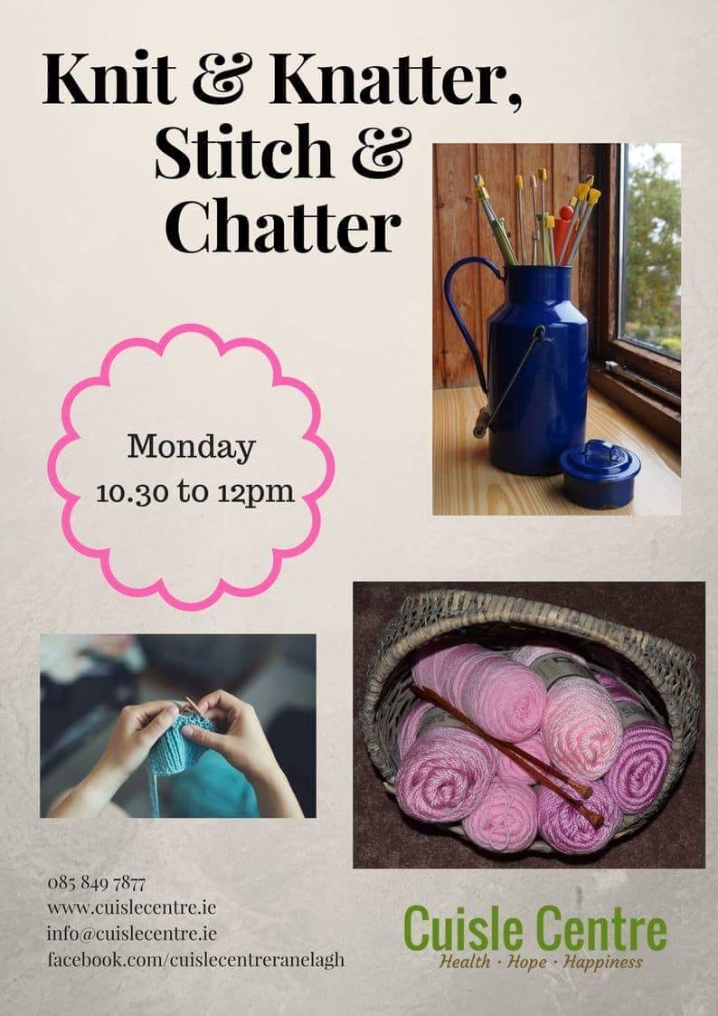 CuisleCentre's tweet photo. Knit &amp; Knatter at the Cuisle Centre on Monday 25th June 10.30am-12pm. 47a Ranelagh Road. You dont have to be able to Knit, crochet or sew just come along for a cuppa and a natter. @Ranelagh @RanelaghGardens @RanelaghArts @LoveSouthDublin @RanelaghD6 https://t.co/A5bYLdyB1d