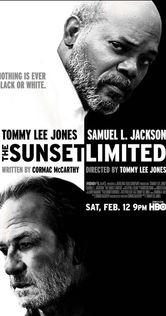 Sunset Limited (USA) one of the few films I've seen more than once. Written by one of my fav writers Cormac Maccarthy. Mr White brings Mr Black home after saving him from committing suicide. Really intense dialogue on life, family, mortality, ideals nd religion.