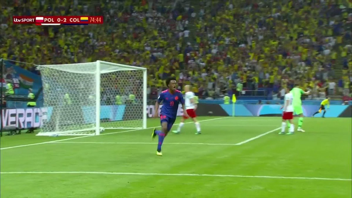 ITV Football (@itvfootball) on Twitter photo 2018-11-18 23:49:07 GOAALLL! Juan Cuadrado bursts free and finishes Colombias third goal against Poland after a brilliant through pass from James Rodriguez. #WorldCup #COL #POLCOL GOAALLL! Juan Cuadrado bursts free and finishes Colombias third goal against Poland after a brilliant through pass from James Rodriguez. #WorldCup #COL #POLCOL
