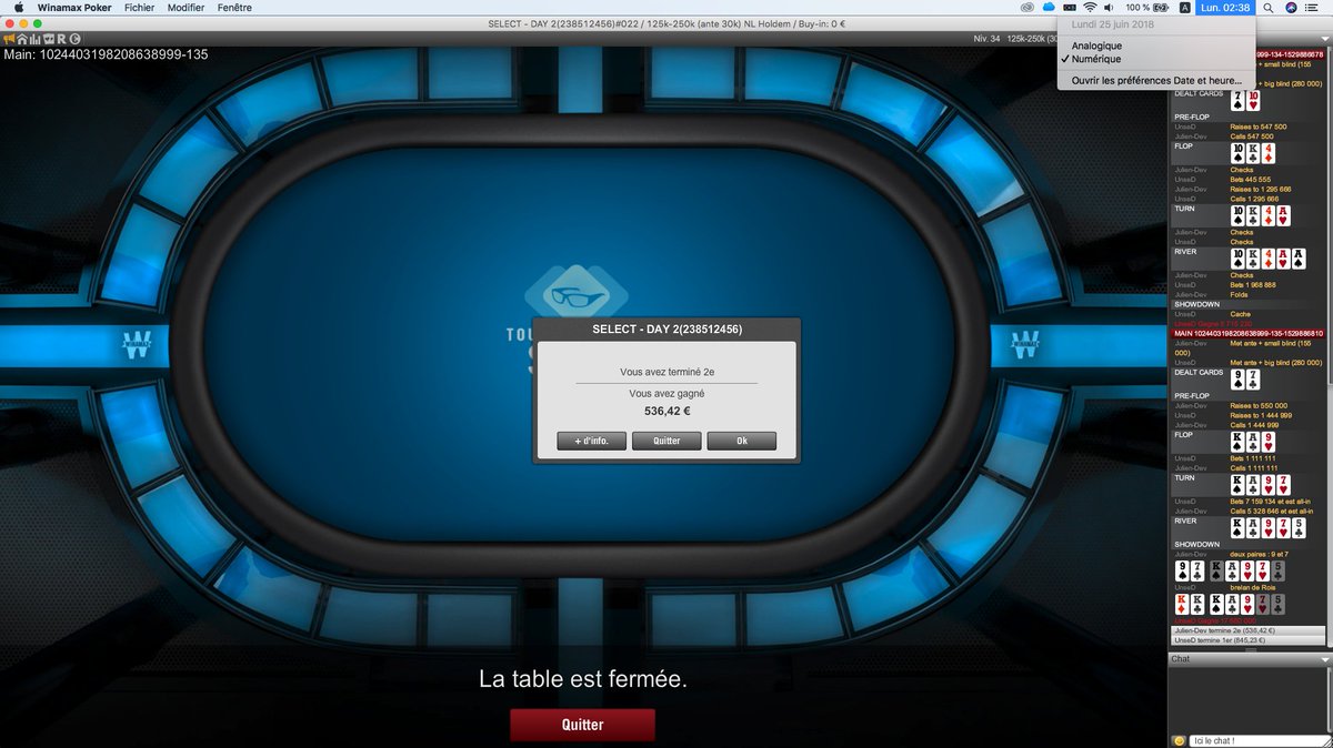 JulienDeveloper's tweet image. Et le résultat du dimanche je viens de finir 2J de tournoi j'ai commencer à 11BB le Day 2, un bon week-end