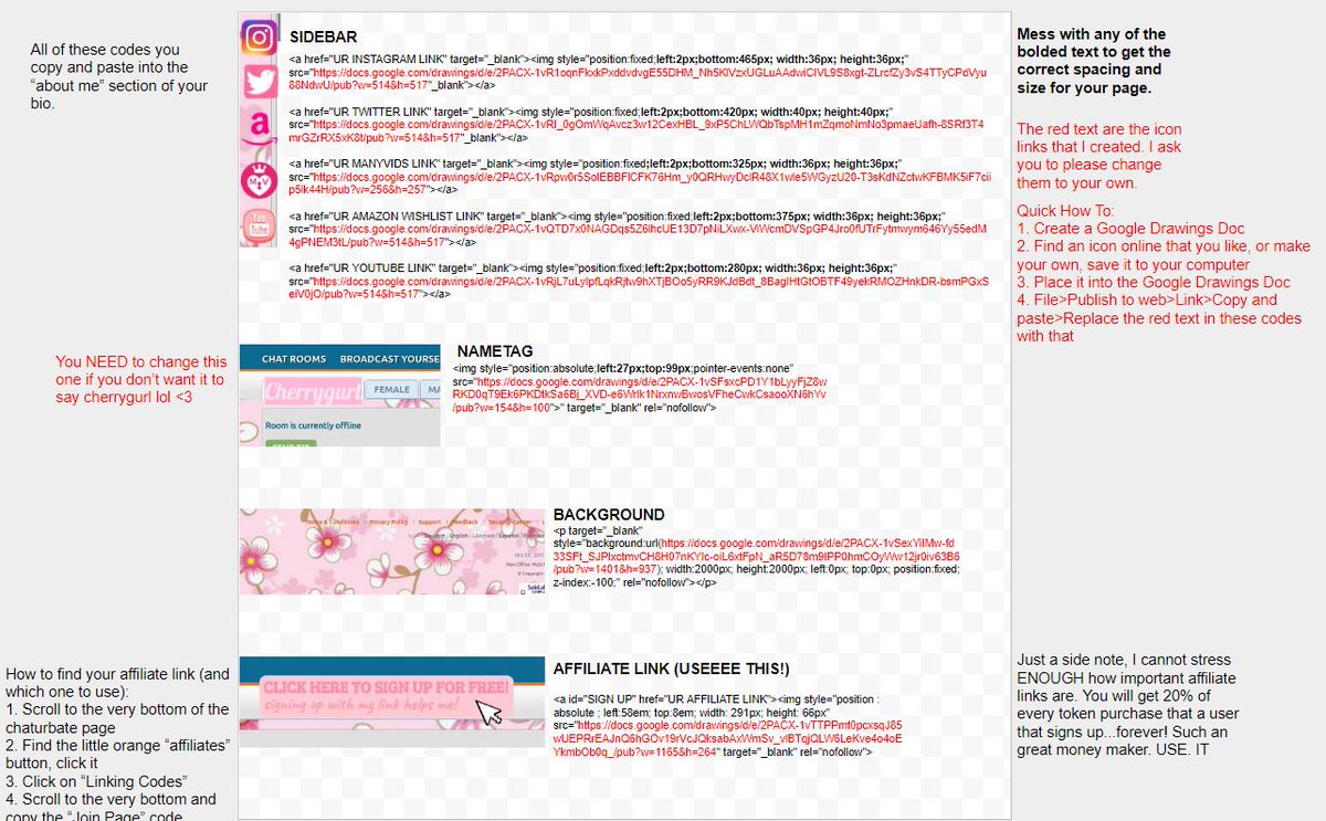 🚨ATTENTION MODELS: HTML CODES🚨
I just made this document with the html codes and instructions for:
❤️Side bars
❤️Name tags
❤️Backgrounds
❤️Affiliate links

FOR FREE (tips appreciated but FREE)! 
Use it! Here's the link-->docs.google.com/drawings/d/1c9… 

RT TO HELP A MODEL! 😊