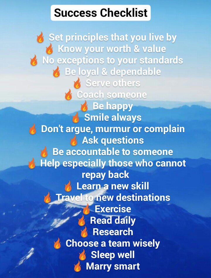 Hazloe3's tweet image. DIY checklist of 20 habits of the ultra successful that can be learnt 

😃what principles do you live by 
☺do you know your worth? 
😊are you loyal? 
😆do you love people? 
😉are you accountable to someone? 👌who is in your team? 💥💯#thextraordinarionly #SuccessChecklist