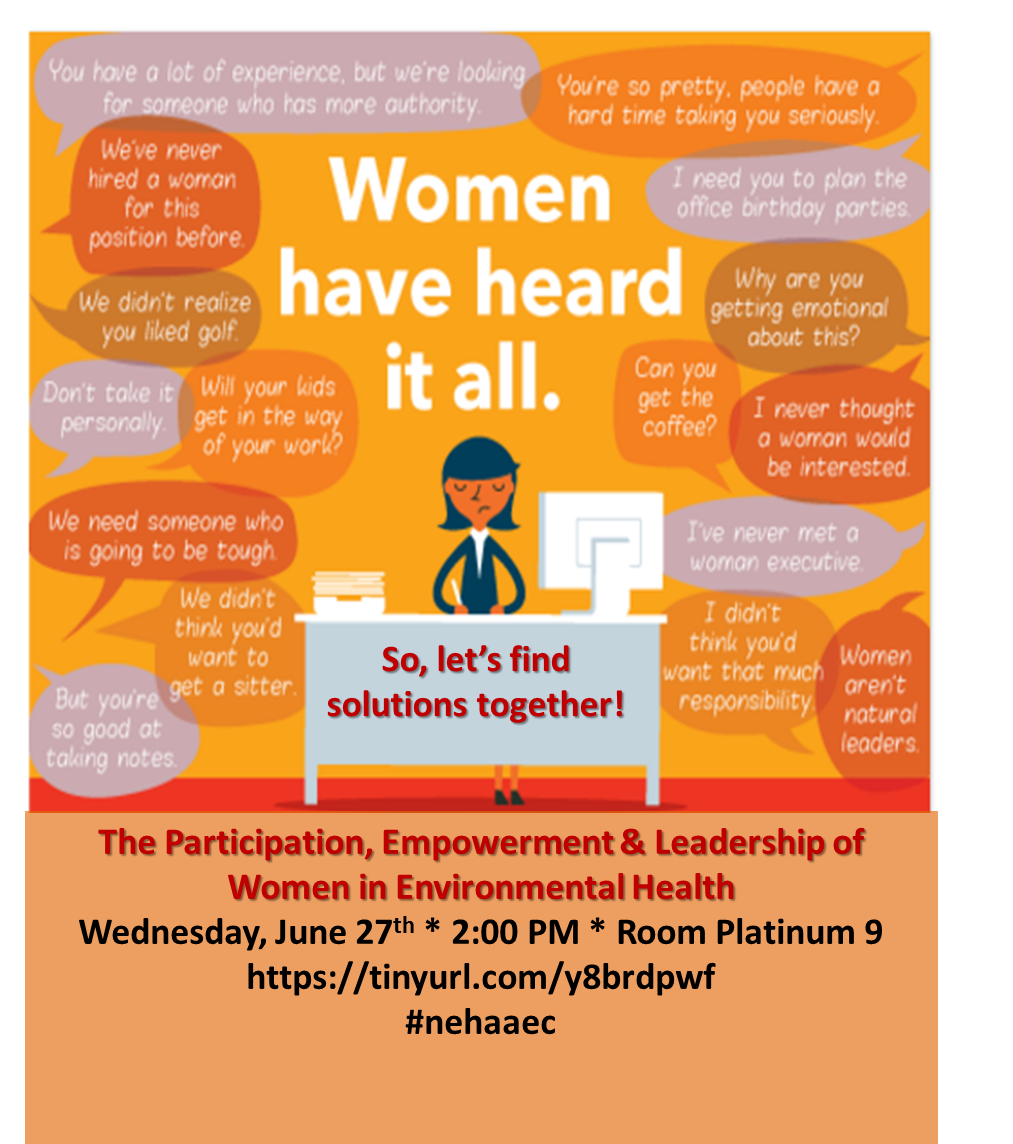 NehaWomen's tweet photo. Join the conversation!  Women are active leaders in the EH workforce.  Let's leverage this talent:   What issues / questions do you want to see addressed in this session?   #NEHAAEC #EnvironmentalHealth .@nehaorg @NEHA_BIA @swallingford82 @SNHDinfo @JoanneZurcher1 @VinceRadke https://t.co/TsoEU4NmGe