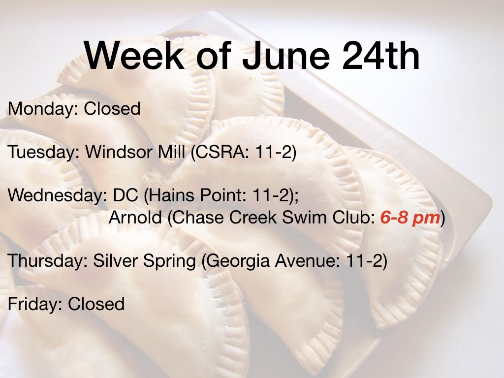 Happy Sunday! Here is our schedule for the week. Hope to serve you soon. #foodfamilyfun