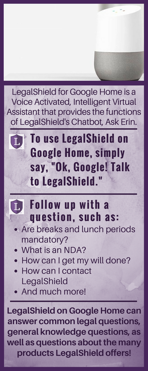legalshield's tweet photo. Donβt forget that you can now get LegalShield on Google Home! Get quick legal tips and information in the comfort and privacy of your own home! To use LegalShield for Google Home, just say, βOk, Google, talk to LegalShield.β Then start asking your questions. https://t.co/vI5SpzRxjN