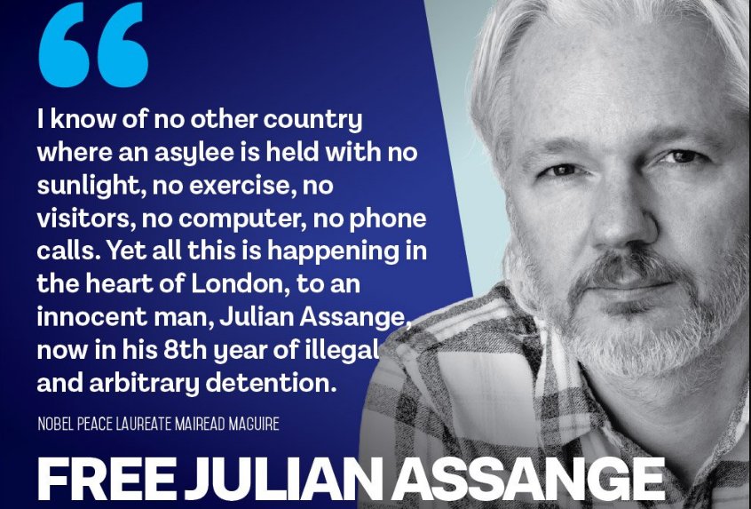 DefendAssange's tweet image. &quot;No conozco ningún otro país donde haya un asilado sin luz solar, sin  ejercicio, sin visitantes, sin computadora, sin llamadas telefónicas,  esto está sucediendo en el corazón de Londres, a un hombre inocente ...&quot;  Mairead Maguire Nobel de La Paz #FreeAssange
