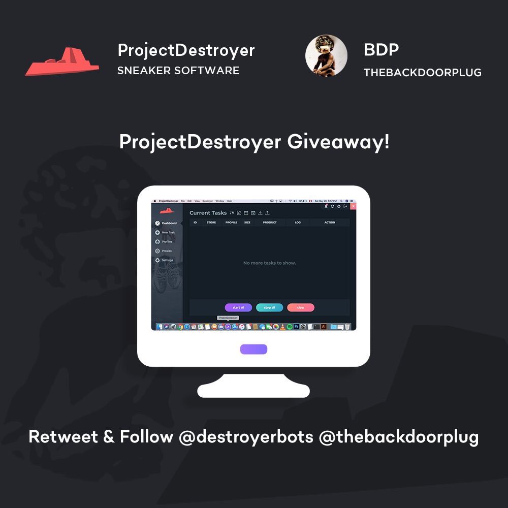 AS PROMISED

PROJECT DESTROYER GIVEAWAY

•LIKE
•RETWEET
•FOLLOW <a href="/thebackdoorplug/">plug talk</a> <a href="/destroyerbots/">Project Destroyer</a> 
•TAG 1 FRIEND

WINNER WILL RECEIVE:

1 BOT KEY
1 LIMITED SUPREME STICKER

CHOOSING AT 500 RT

GOOD LUCK