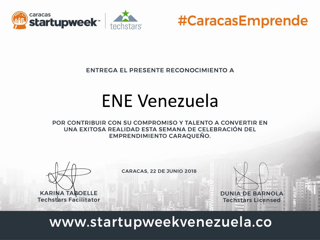 EneVenezuela's tweet photo. ¡Muchas gracias a @techstars @sperto_tech y a @vzlacompetitiva! Seguiremos impulsando el #emprendimiento #venezolano 💪 @startupweekccs @startupweek https://t.co/0Fz25fyldz