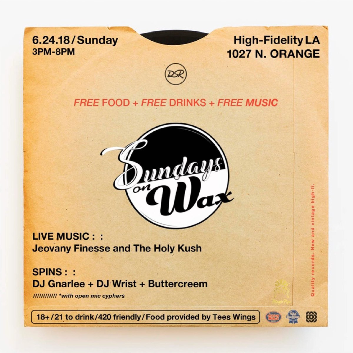 MyMagicPipe's tweet photo. Come hang with us today @HighFidelityLA for Sunday's on Wax! #MagicPipe Vapers, Live Music, Food, Drink, Freestyle Cypher and more! Pull up #LA #FreeEvent https://t.co/t1TbTbQmbV