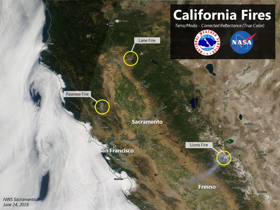 NWSSacramento's tweet image. Smoke from several fires can be seen today on satellite imagery across California. #PawneeFire #LaneFire #LionsFire  #cawx