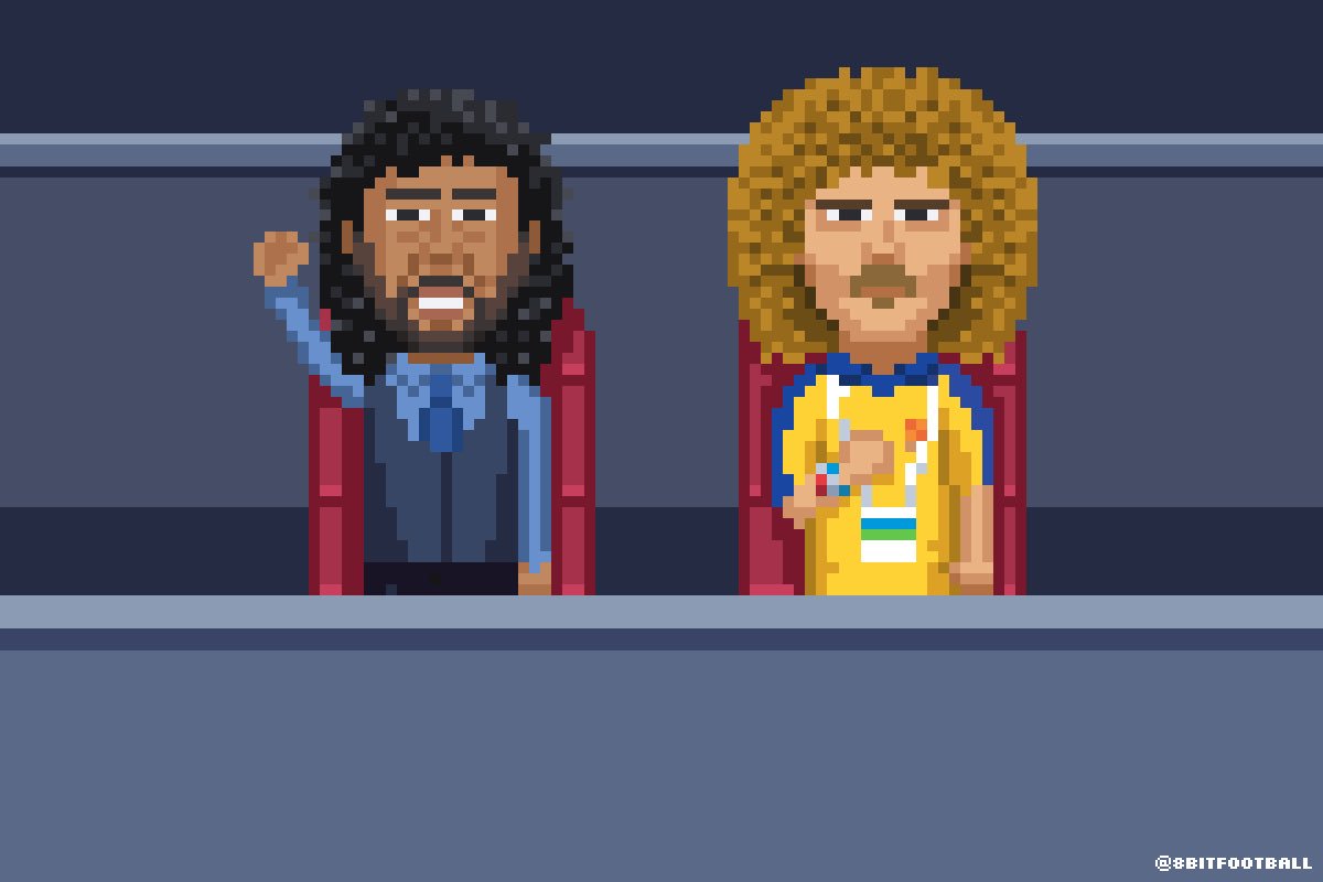 8bitfootball's tweet photo. Meanwhile, in the tribunes, two legends follow their country  🇨🇴 #ElLoko #ElPibe #WorldCup https://t.co/2xZziMJbJA