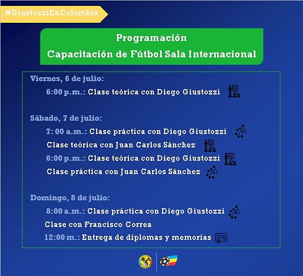 CapFutbolSala's tweet photo. ¿Quieres la programación de la Capacitación de Fútbol Sala Internacional? 😲 
Aquí la tienes 👇
#GiustozziEnColombia #Futsal #Colombia https://t.co/Y0ZHG3mOt7