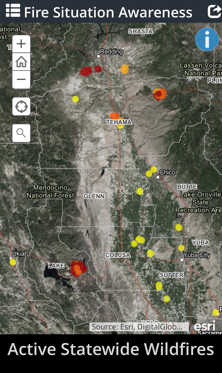 slaiguy's tweet image. MODIS, VIIRS, Hawkeye thermal detection really showing the #LaneFire #StollFire #PawneeFire #CreekFire bases on the clustering of the red/orange dots arcg.is/1SLr4v