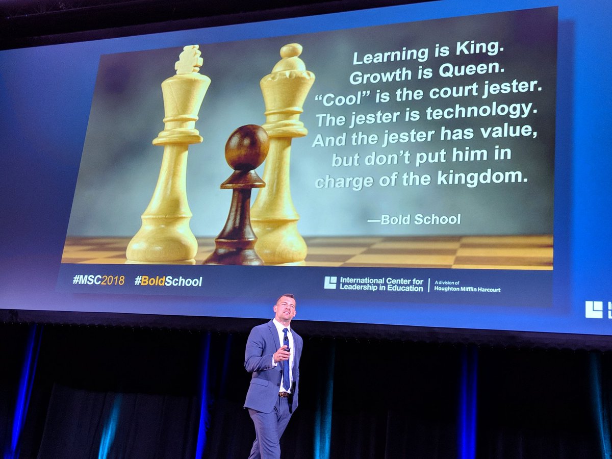 ModelSchoolsHMH's tweet photo. "Learning is King. Growth is Queen. 'Cool' is the court jester. The jester is technology. And the jester has value, but don't put him in charge of the kingdom."
@Wes_Kieschnick #MSC2018 #LeaderEd #BoldSchool https://t.co/bOYpEzGuUL