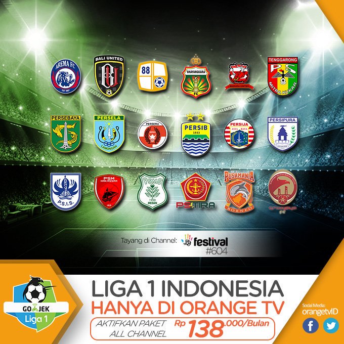 Orangers, Saksikan Siaran langsung Gojek Liga 1 Indonesia Musim 2018. Eksklusif hanya di Orange TV. Tayang di Channel Festival #604 KU-Band &amp; #1604 C-Band. Yuk Segera Aktifkan Paket All Channel! klik disini bit.ly/2pAM03e