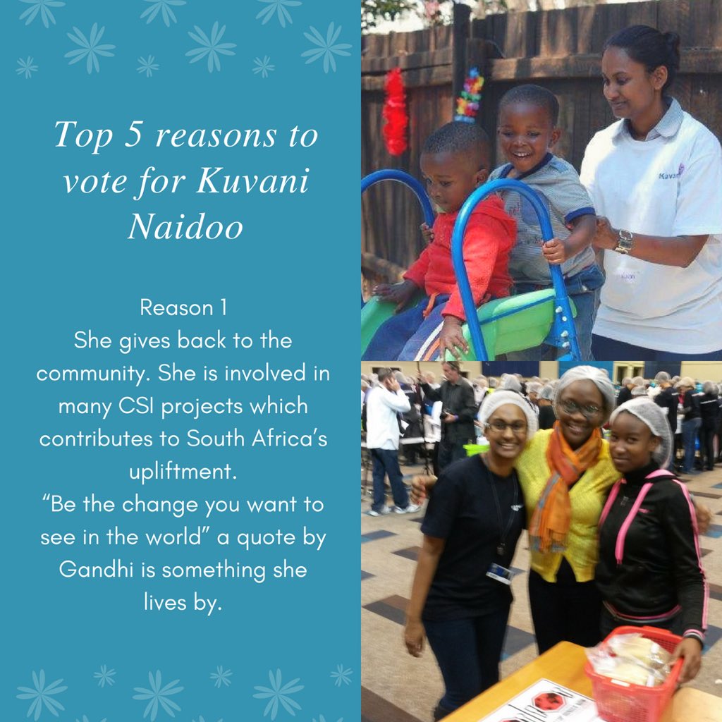 KuvaniNaidoo's tweet photo. Over the next five days I will be posting Top 5 reasons to vote for Kuvani Naidoo to be a Top 35 Under 35 finalist. Hopefully all reasons resonates with you and you will
like, share and vote. Use the following link to please vote: https://t.co/HOnCcTfMjf @saica_ca_sa https://t.co/PGM4ce4Vsh