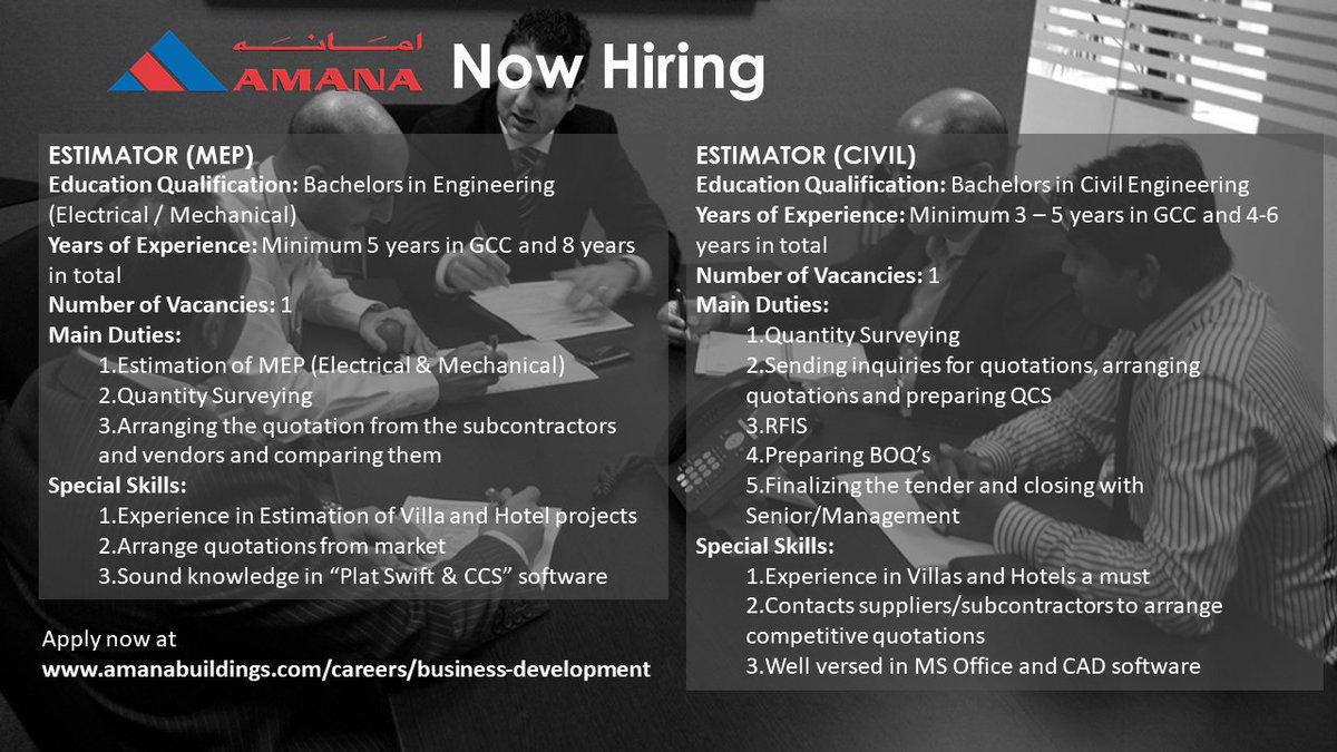 Amana is #hiring! We are looking for two experienced #Estimators, a civil and an MEP. If you are interested and meet the requirements of either position, then apply now at amanabuildings.com/careers/busine…
#AmanaContracting
#AmanaVacancies
#AmanaHiring
#Dubai
#DubaiInvestmentsPark