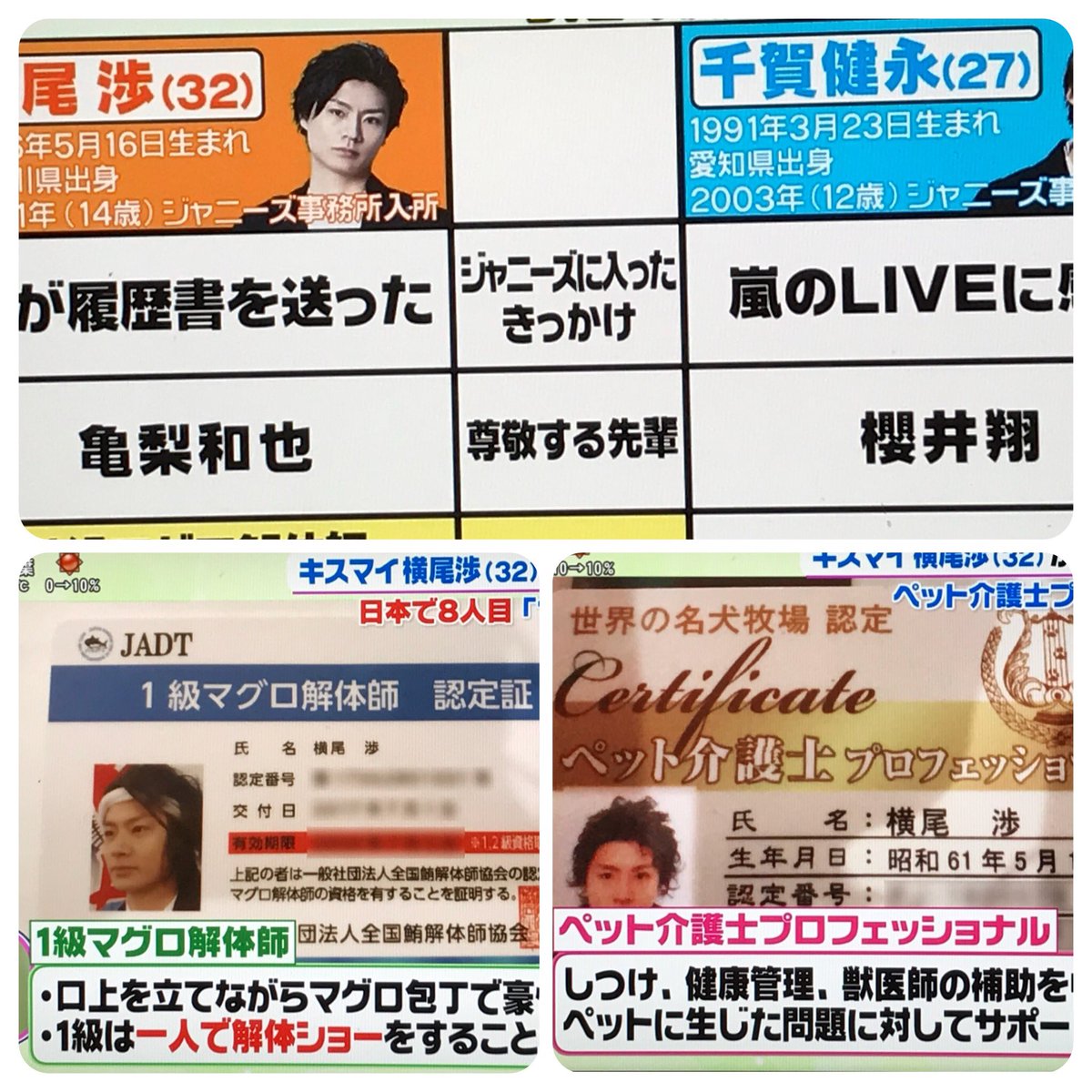 あらねずみ Pa Twitter Pon キスマイ横尾くんは資格を取りまくり 1級マグロ解体師の資格 ペット介護士プロフェッショナルの資格 昨日とりたてホヤホヤ 1級船舶免許証 ーwー ﾏｼﾞ凄い ﾟdﾟ艸 メンバー内ではペットの相談をめっちゃされるんだって 頼りに