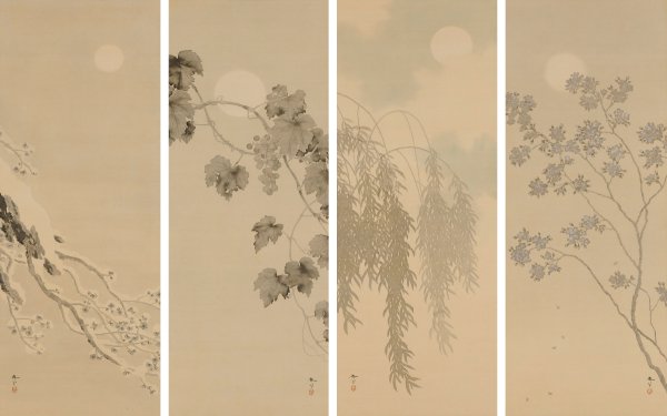 墨を基調に描かれた菱田春草《月四題(春夏秋冬)》(山種美術館)は、満月