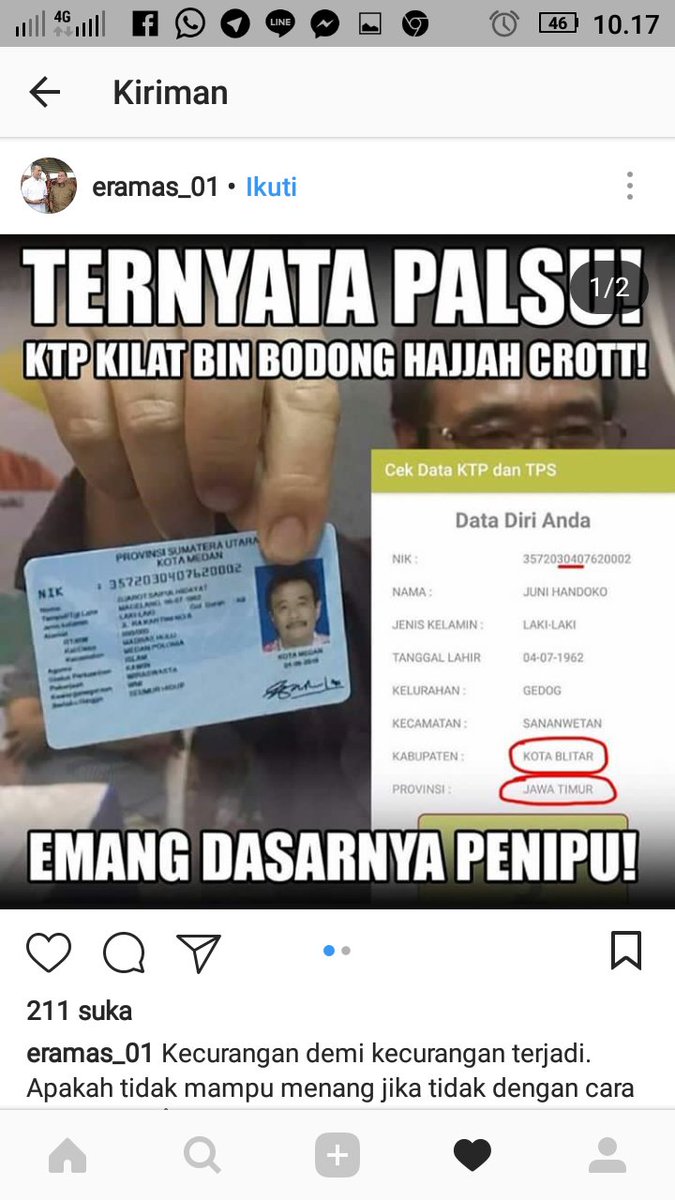indah_tobink's tweet photo. Dipost 4 jam yang lalu.
Inikah bermartabat?
NIK Pak Djarot pada foto tersebut sudah diedit, bukan NIK yg sebenarnya.
Menggiring opini sesat, bahwa KTP Pak Djarot palsu, padahal NIK nya mereka edit.
Mau jadi apa Sumut nanti?
#SaveSumut
#SumutSmart
#SumutMau2 https://t.co/UYNl7pbB7p