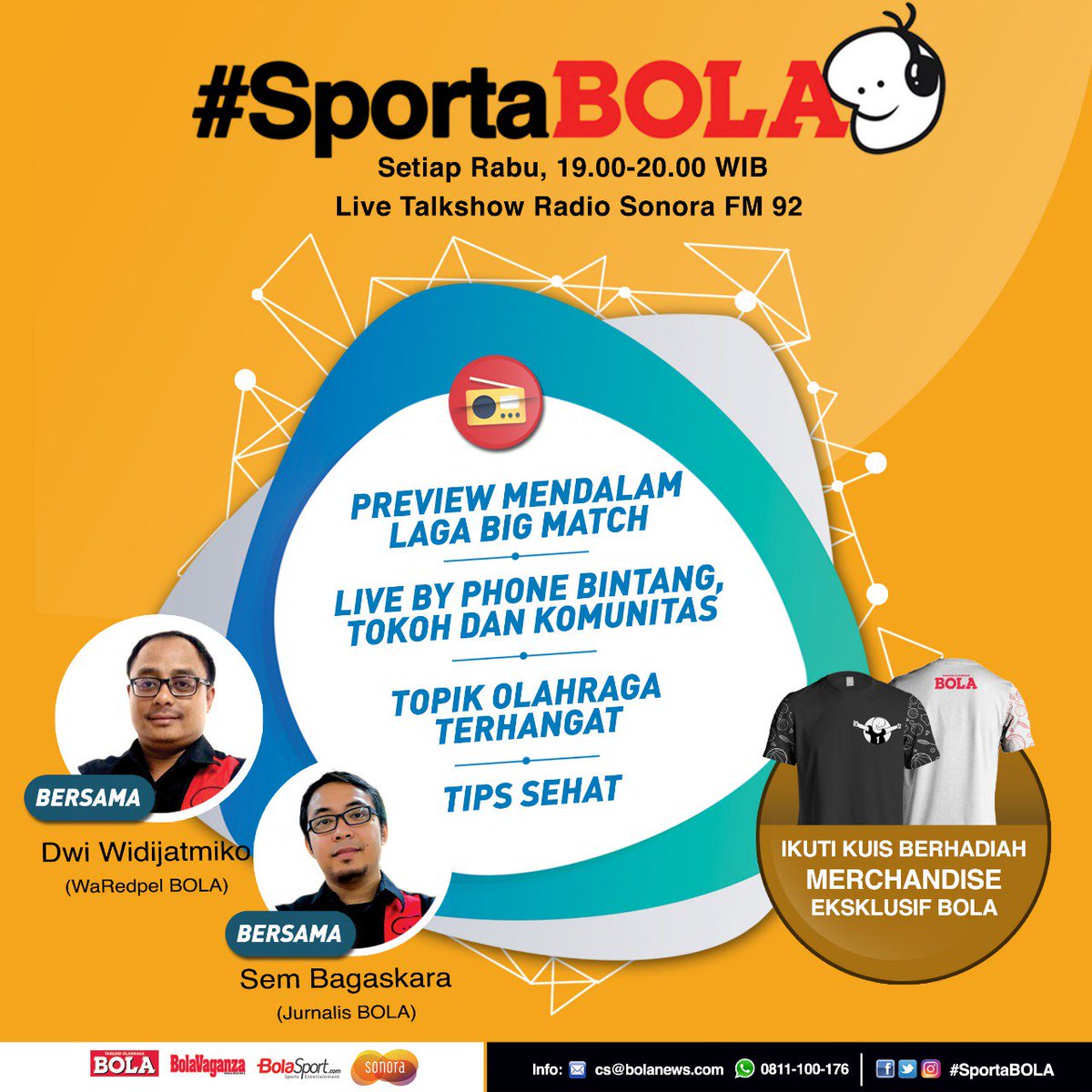 Ikuti talkshow #SportaBOLA Rabu 19.00-20.00 membahas isu olahraga terkini. Jangan lewatkan kuisnya dengan mention hashtag #SportaBOLA <a href="/TabloidBOLA/">Tabloid BOLA</a> <a href="/SonoraFM92/">Radio Sonora Jakarta</a> <a href="/BolaSportcom/">BolaSport.com</a> <a href="/Bola_Vaganza/">BOLAVAGANZA ID</a> atau SMS/WA 0812-112-9200. Format jawab: Nama_DaerahDomisili_Jawaban