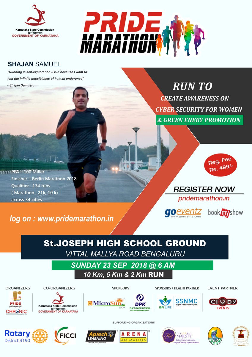 MarathonPride's tweet photo. 🏃♂️🏃♀️Chronic Foundation in association with #PrideGroup organising #PRIDEMARATHON2018 at #stjosephhighschoolground #vittalmallyaroad #bookmyshow #bangaloremarathonbooking to run for "Create awareness onCyberSecurity #Women"#bangaloremarathon #bangalorepridemarathon 🇮🇳 https://t.co/Uh1035G5jS