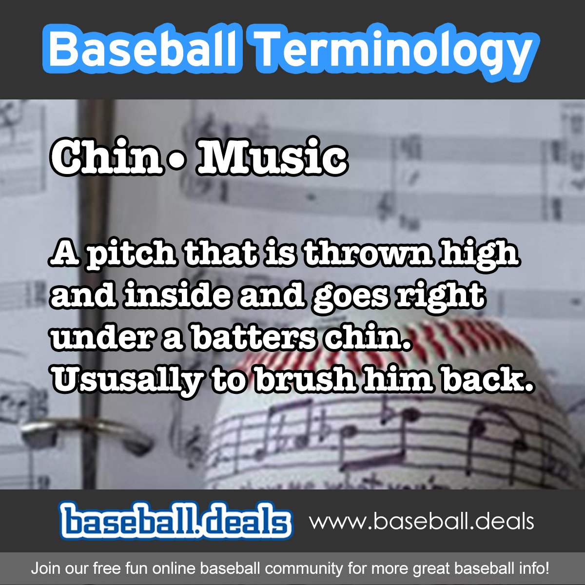 DealsBaseball's tweet photo. Baseball Terminology - Chin Music - from: https://t.co/tvn96V0EKb   #baseball #baseballmoms #baseballlife #mlb #sports #baseballterms #baseballgame #baseballislife #baseballseason #travelbaseball #game #today #sports #weather #season #playing #littleleague #calripken https://t.co/9bpO8nFBKD