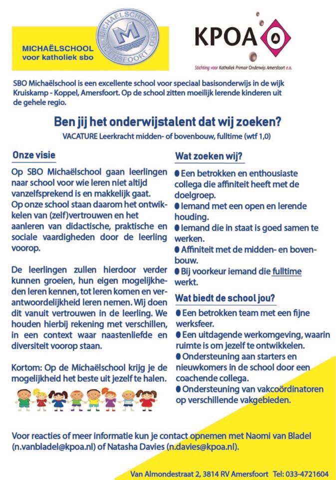 Op SBO Michaëlschool zoeken wij nog een nieuwe collega! #leerkracht #sbo