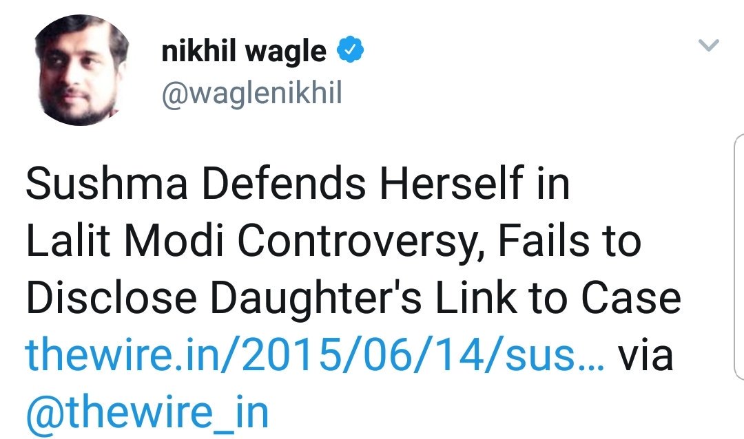 permanentindian's tweet image. Political vulturism at its best. Wagle kept tweeting to defame Sushmaji on every controversy.

-#vijaymallya
-#LalitGate implicating her daughter
- Missing Indians in Iraq.👇

And now trying to take a moral high ground.