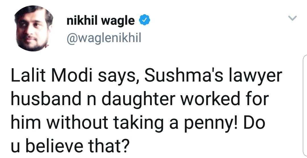 permanentindian's tweet image. Political vulturism at its best. Wagle kept tweeting to defame Sushmaji on every controversy.

-#vijaymallya
-#LalitGate implicating her daughter
- Missing Indians in Iraq.👇

And now trying to take a moral high ground.
