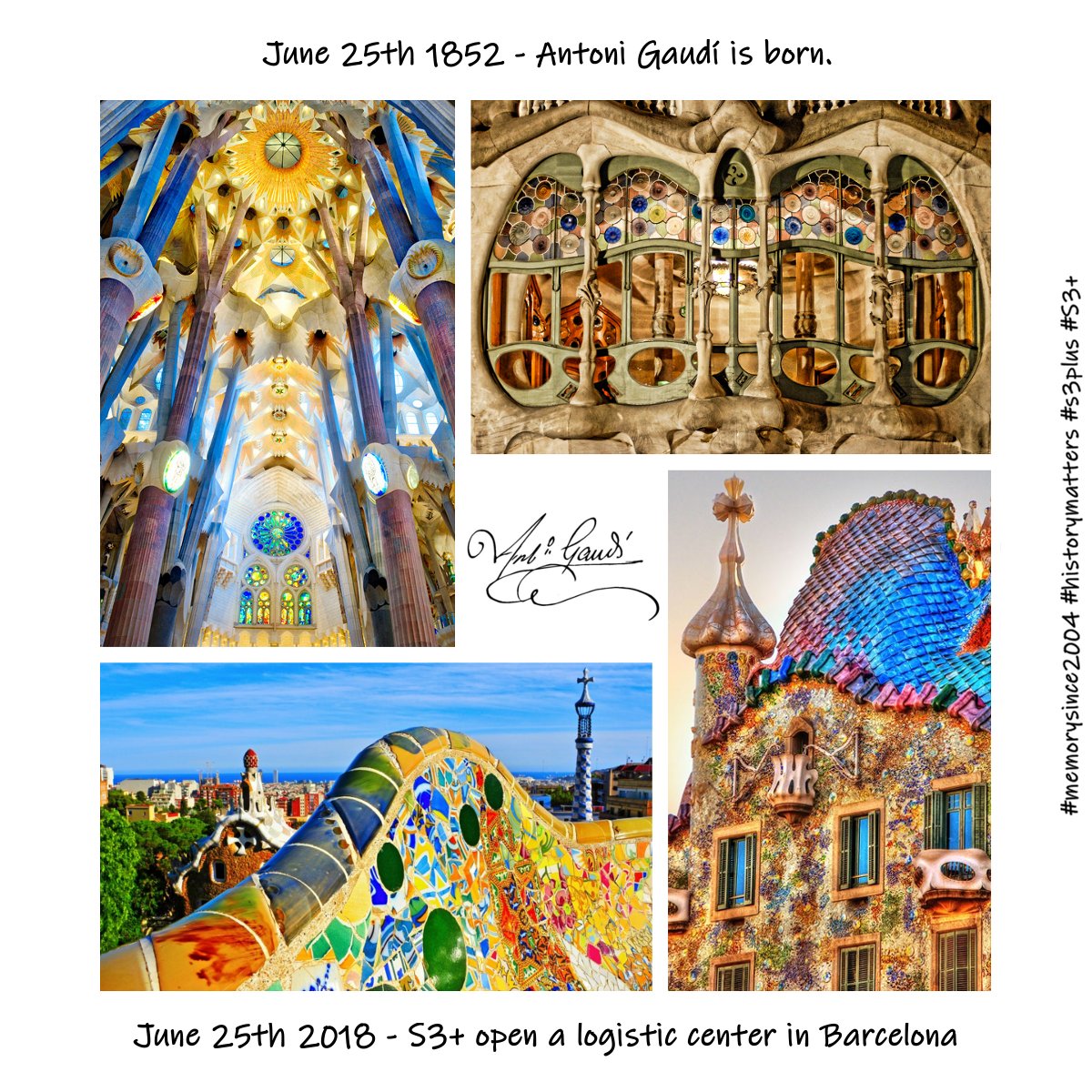 S3plusSA's tweet photo. June 25th 1852 - Antoni Gaudí is born.
June 25th 2018 - S3+ open a logistic center in Barcelona.
#memorysince2004 #historymatters #s3plus #S3+ #Barcelona #europe #Gaudì #DDR4 #SSD #FlashCard #PenDrive https://t.co/Q2u4UFsR4n