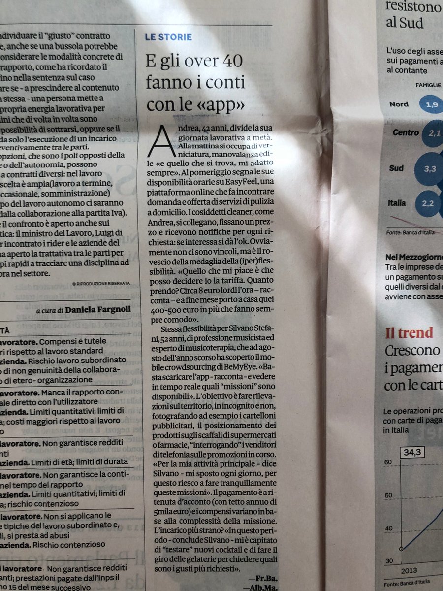 glpetrelli's tweet photo. Non esistono solo i #rider. Oggi su @sole24ore una panoramica sulla galassia dei #gigworker.  #gigeconomy #BeMyEye #decretodignita @luigidimaio https://t.co/4gqJOOf10L