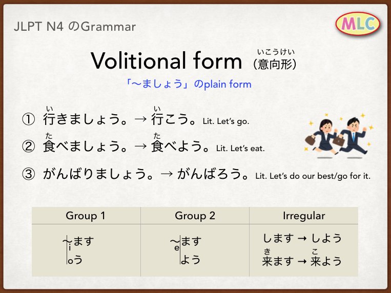 Mlc Japanese School How To Make Verb Volitional Form Volitional Form 意向形 いこうけい は ましょう のplain Form Casual です Download Free Pdf T Co Iidmovzys3 Japanese Language Pdf Download Jlpt N4 N3 T